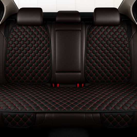 7 Parçalı Oto Koltuk Minderi Seti – Deluxe Konfor | Siyah & Kırmızı Dikişli | CarSeat Lüx